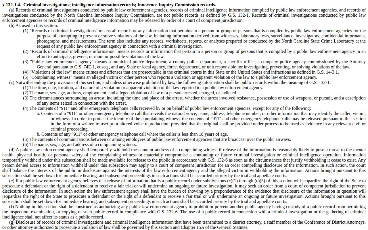 North Carolina public-record statute reference page